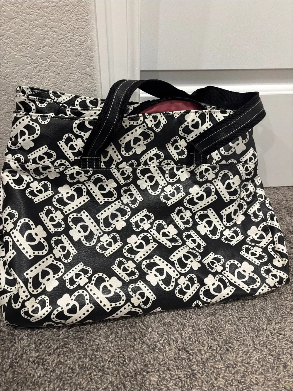 Kathy Van Zeeland Black and White Heart Print Duffel Bag
